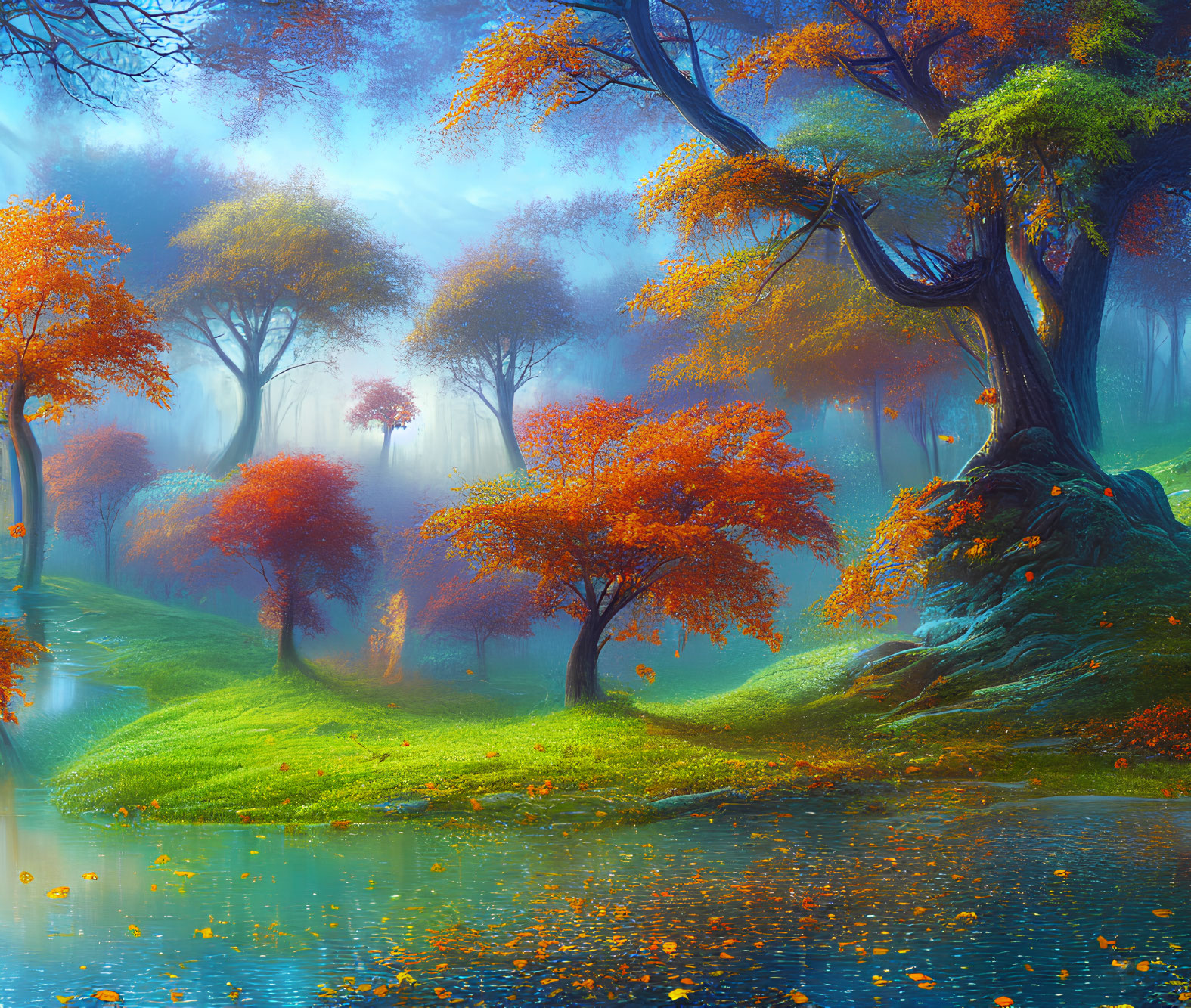 Colorful autumn trees reflecting in tranquil lake in misty landscape