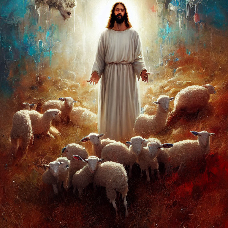 Bearded man in white robes surrounded by sheep in golden field