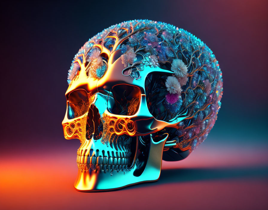 Colorful skull with mechanical gears and flowers on gradient background