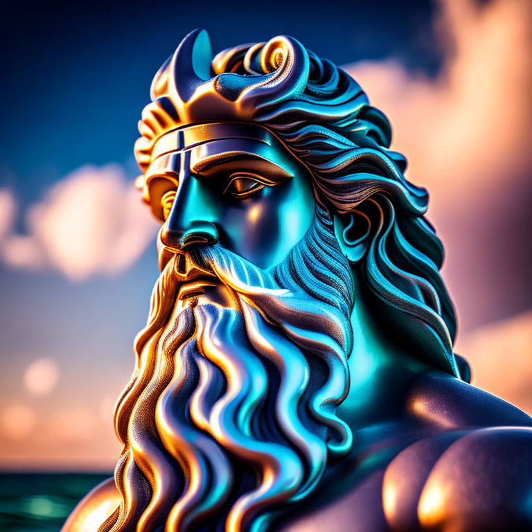 Digital art of bearded crowned figure in ocean sunset scene