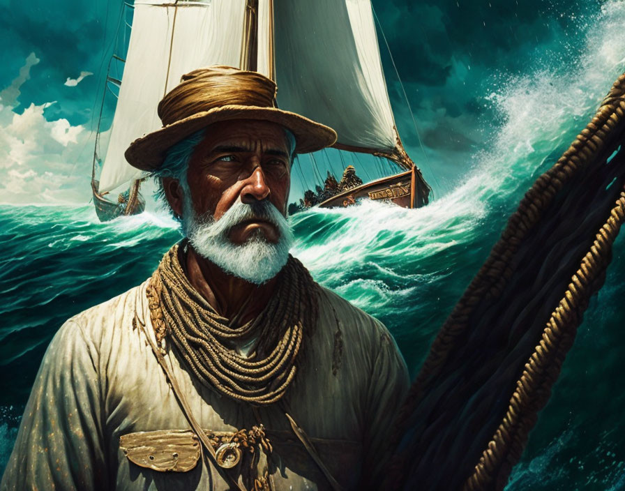 Elderly sailor with white beard on ship in stormy sea.