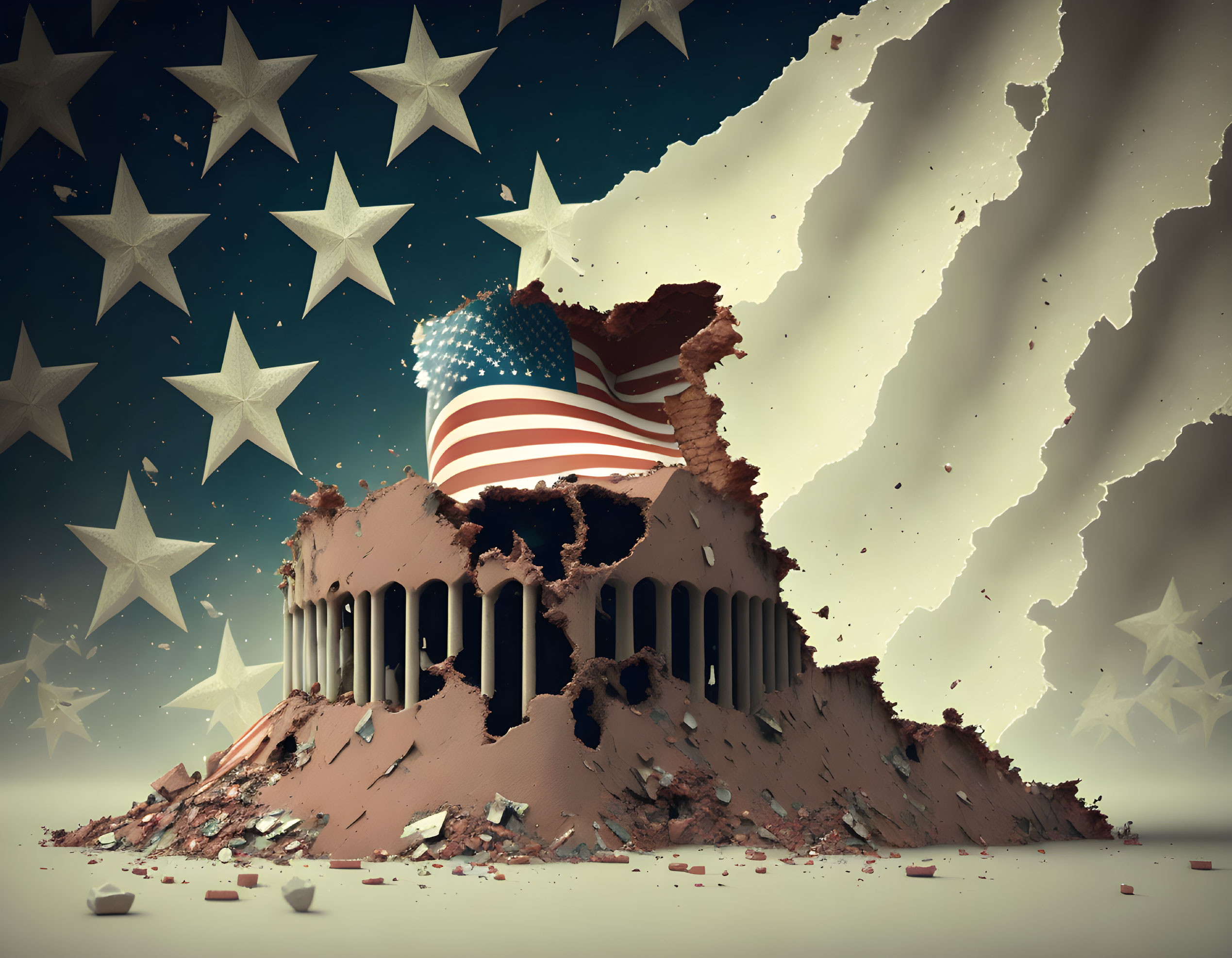 Surreal illustration: crumbling Capitol Building, tattered flag, floating stars & torn stripes