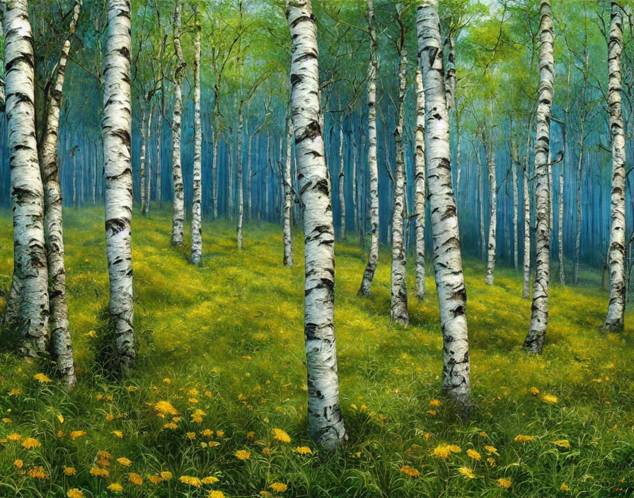 Tranquil Birch Forest with Yellow Wildflowers under Blue Sky