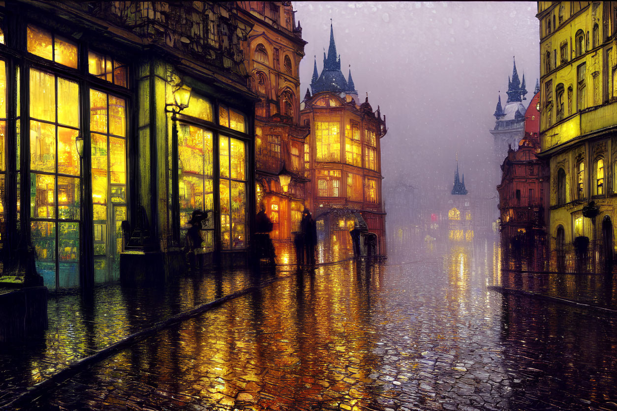 Historic European town at dusk with rain-soaked streets