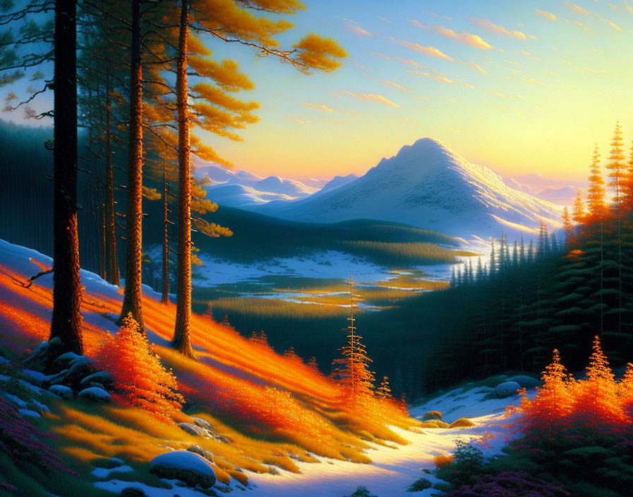 Snowy Landscape with Fall Colors, River, and Mountains at Sunset