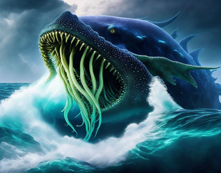 Giant Whale with Sharp Teeth and Tentacles in Roaring Ocean Waves