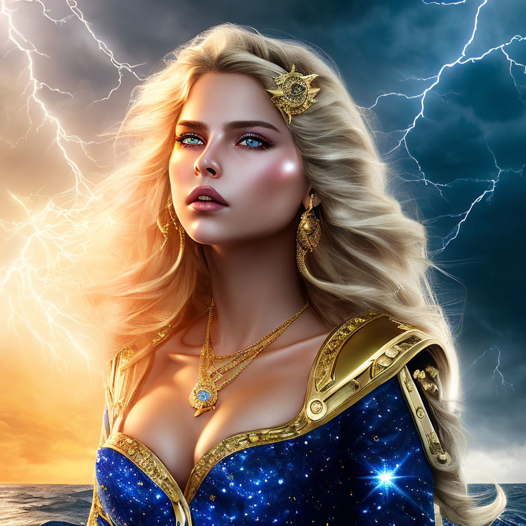 Blond-Haired Female Figure in Golden Armor Against Stormy Background