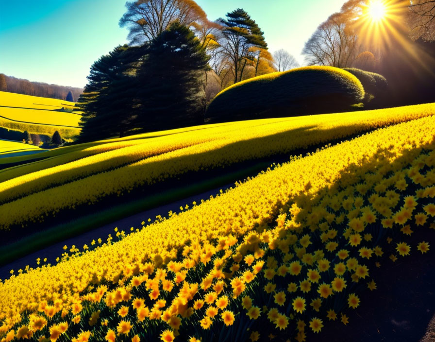 Scenic landscape with blooming yellow flowers, green trees, and blue sky