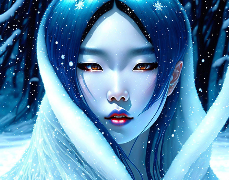 Digital Art: Female Figure with Blue Hair in Snowflake-Studded Environment