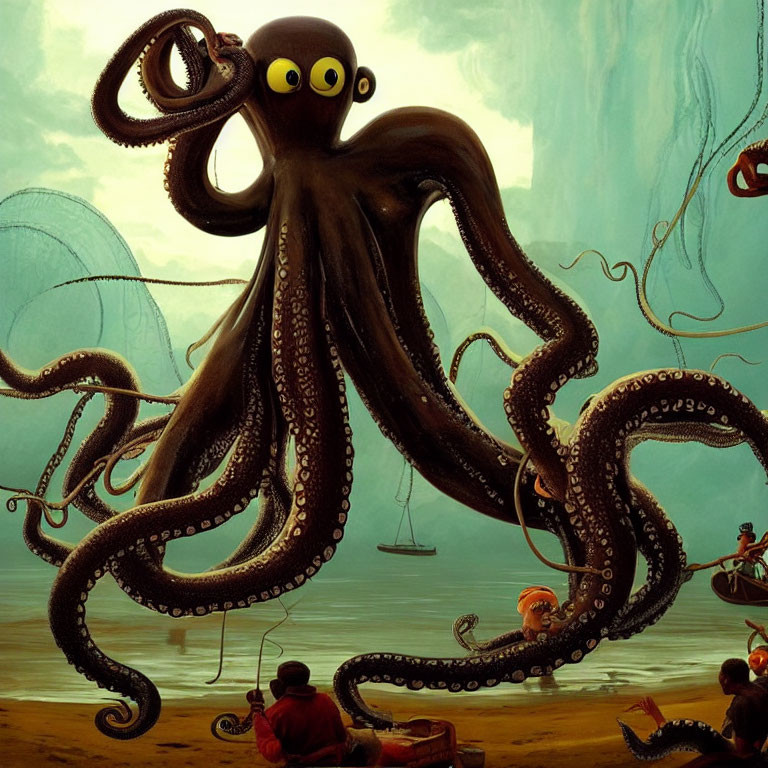 Giant Cartoon Octopus with Yellow Eyes Over Small Boats and Sailors