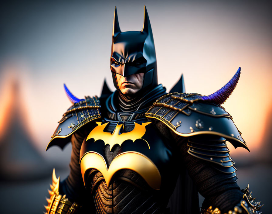 Detailed Illustration of Batman in Black and Gold Suit with Bat Emblem and Pointed Ears