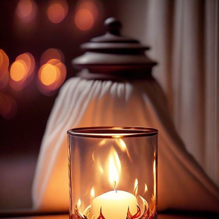 Decorative glass holder with flame designs and lit candle casting warm glow in soft light bokeh background