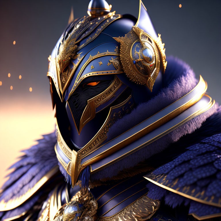 Detailed 3D rendering of ornate knight's helmet with gold accents