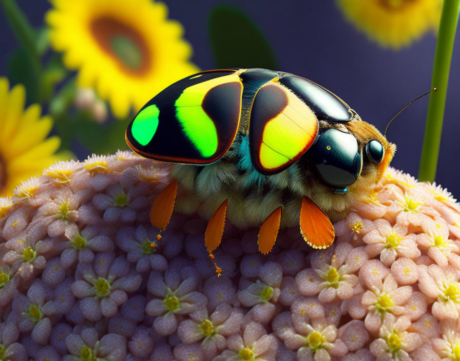 Colorful Beetle on Pink Flower with Sunflowers in Background