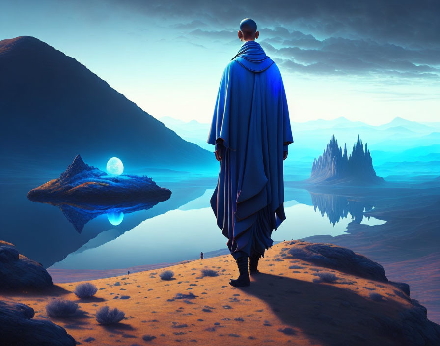 Robed Figure Contemplating Surreal Twilight Landscape