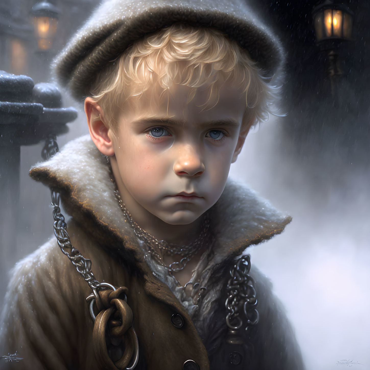 Young boy in fur-trimmed coat and beret under streetlamps.