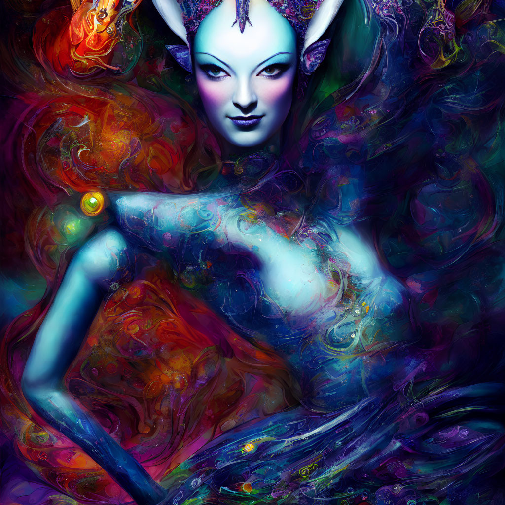 Vibrant digital artwork: Fantasy creature with blue skin and colorful patterns