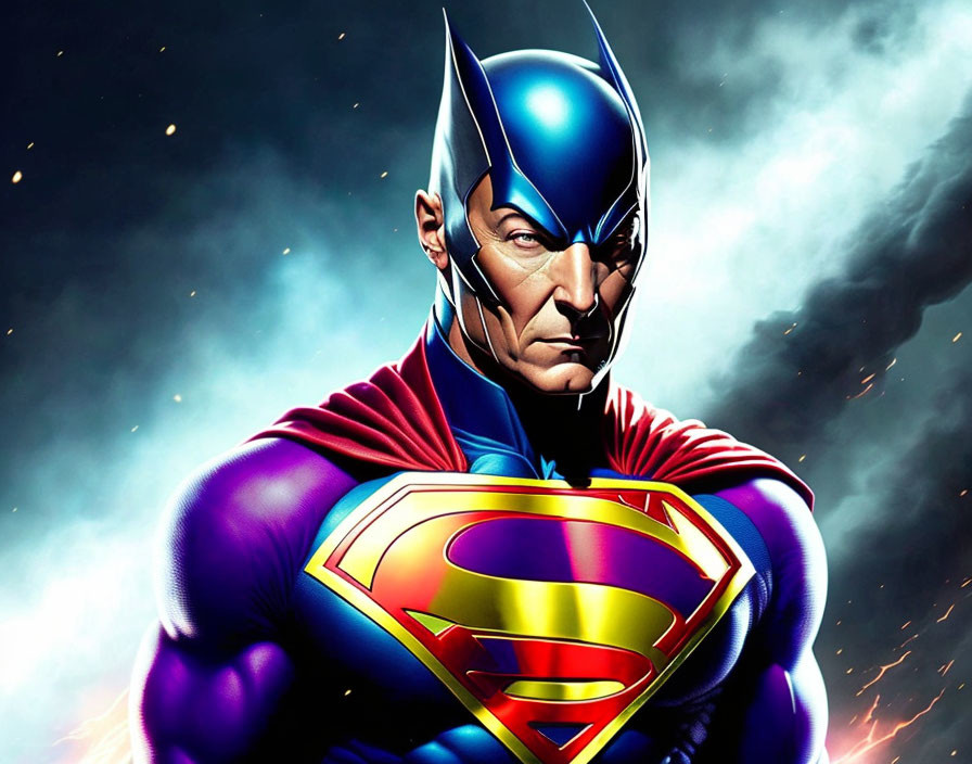 Superman illustration: Vibrant superhero in blue and red suit against cosmic backdrop