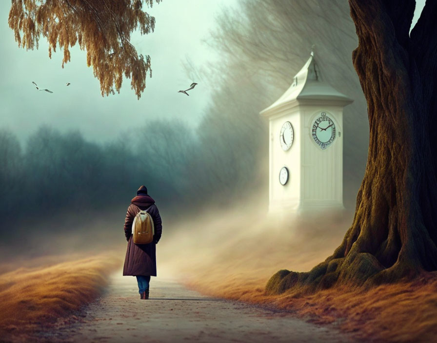 Figure walking on misty path towards oversized clock in dreamlike landscape