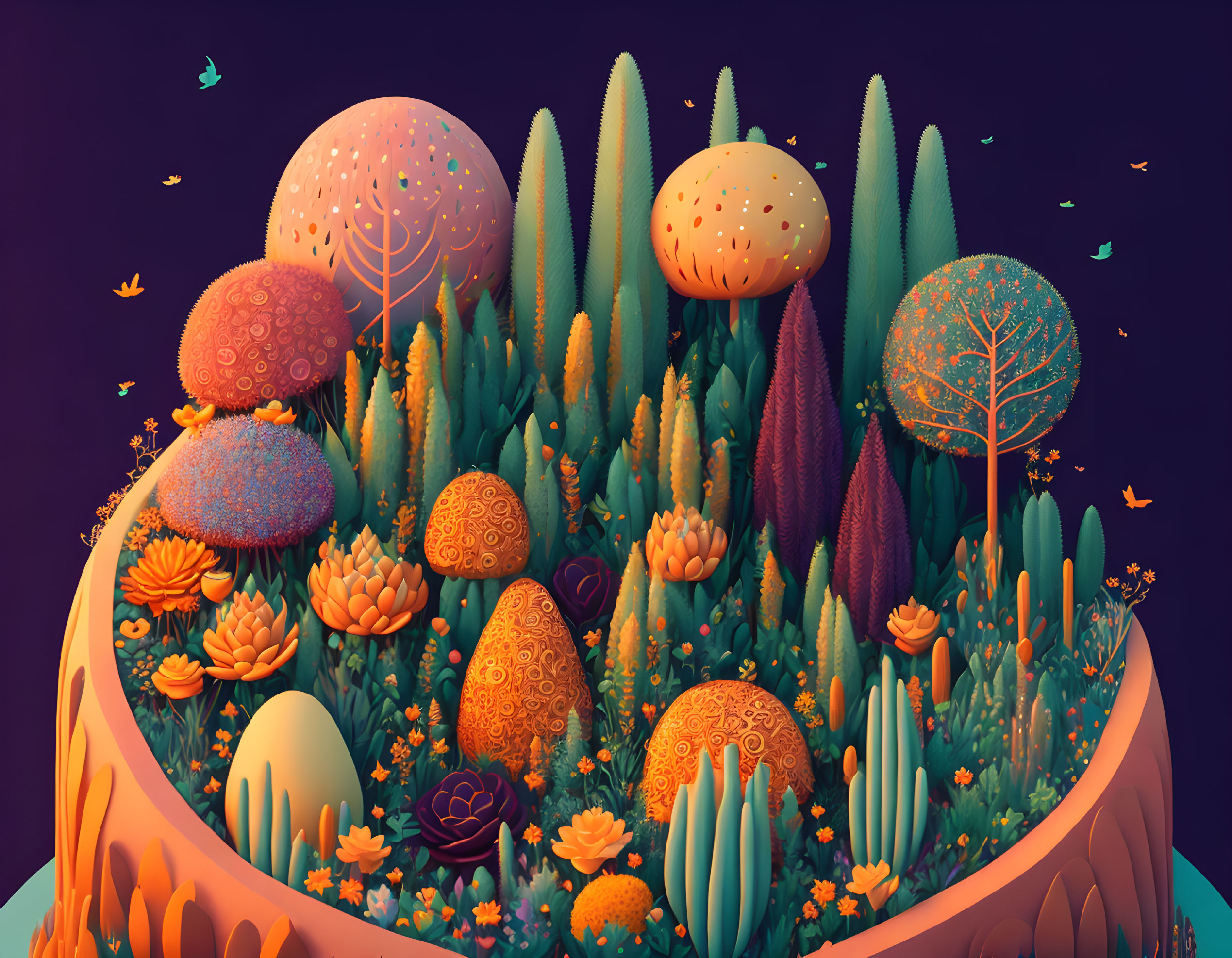 Enchanted forest with oversized mushrooms and butterflies