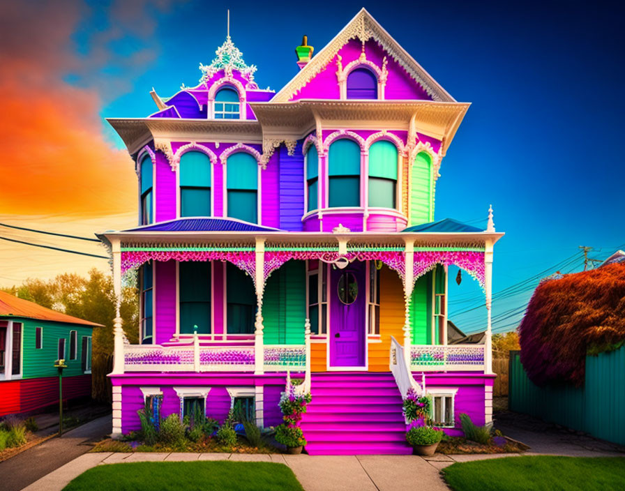 Multicolored Victorian-style house with intricate trimmings at sunset