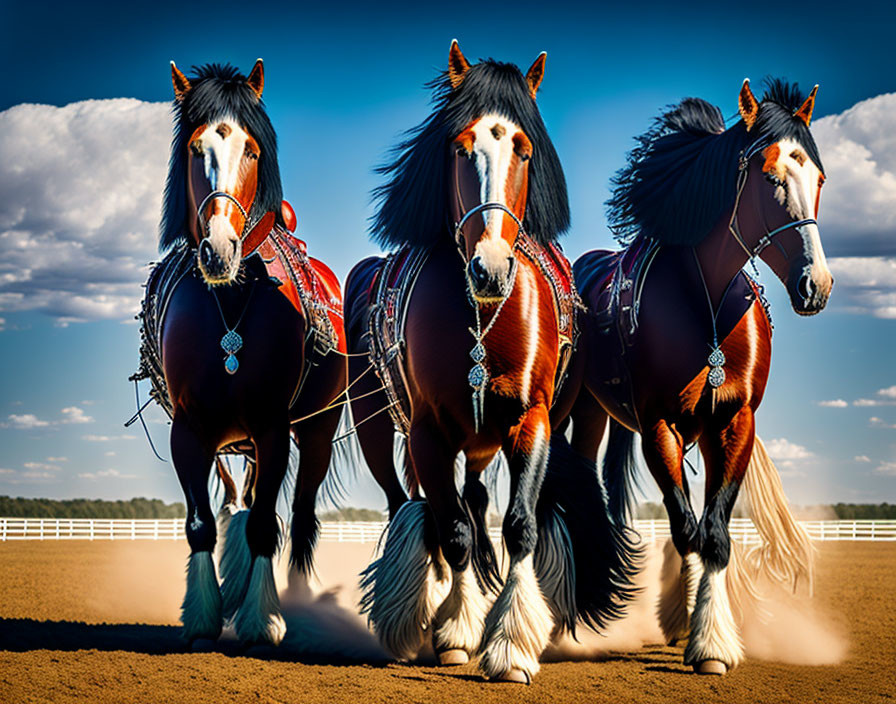 Three Majestic Chestnut Horses with Decorative Tack Trotting