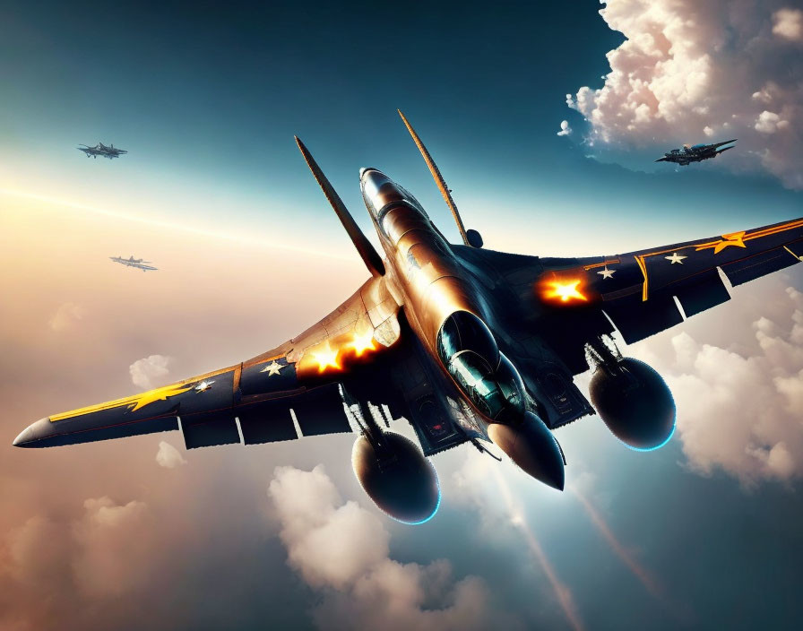 Dynamic sky with military jets in flight, lead aircraft illuminated by sunlight.