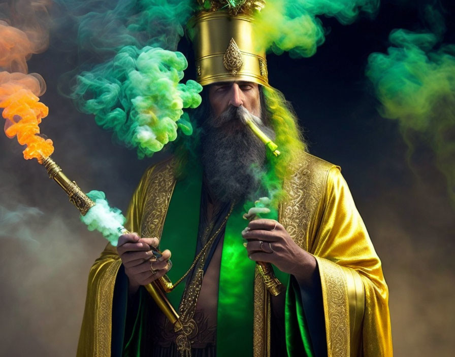 Bearded person in golden attire exhales colorful smoke amid swirling green and orange.