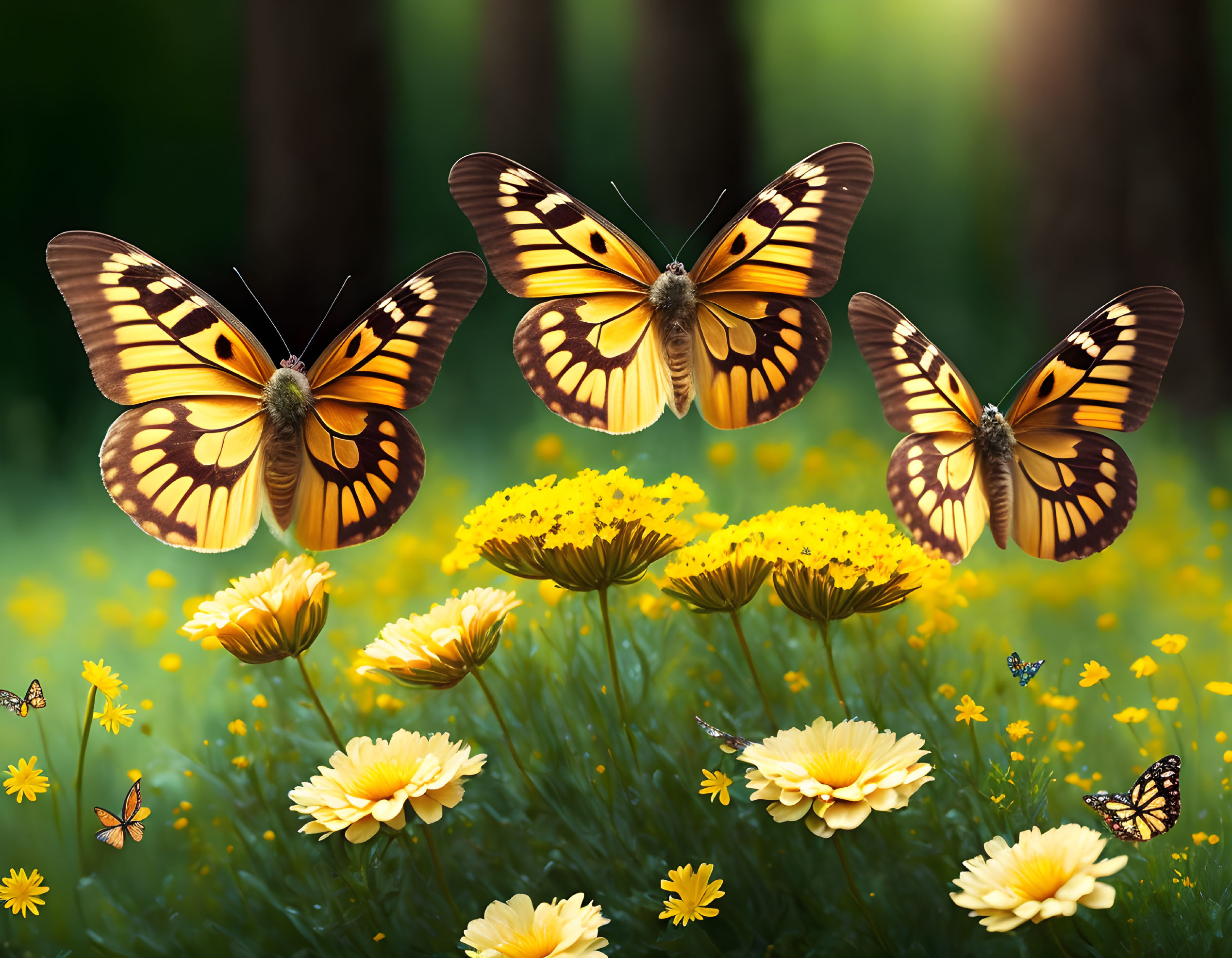 Yellow Butterflies Fluttering Over Blooming Flowers in Forest