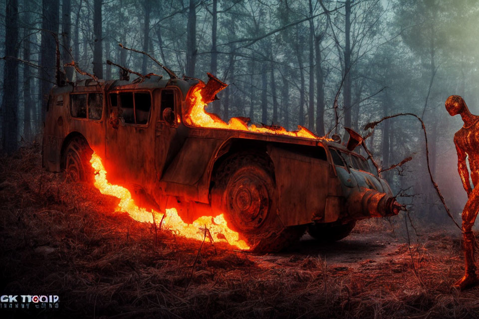 Armored vehicle ablaze in forest with humanoid figures in red haze