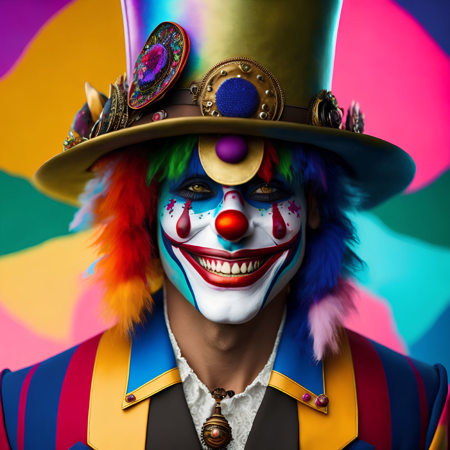 Vibrant Clown with Colorful Costume and Top Hat on Rainbow Background