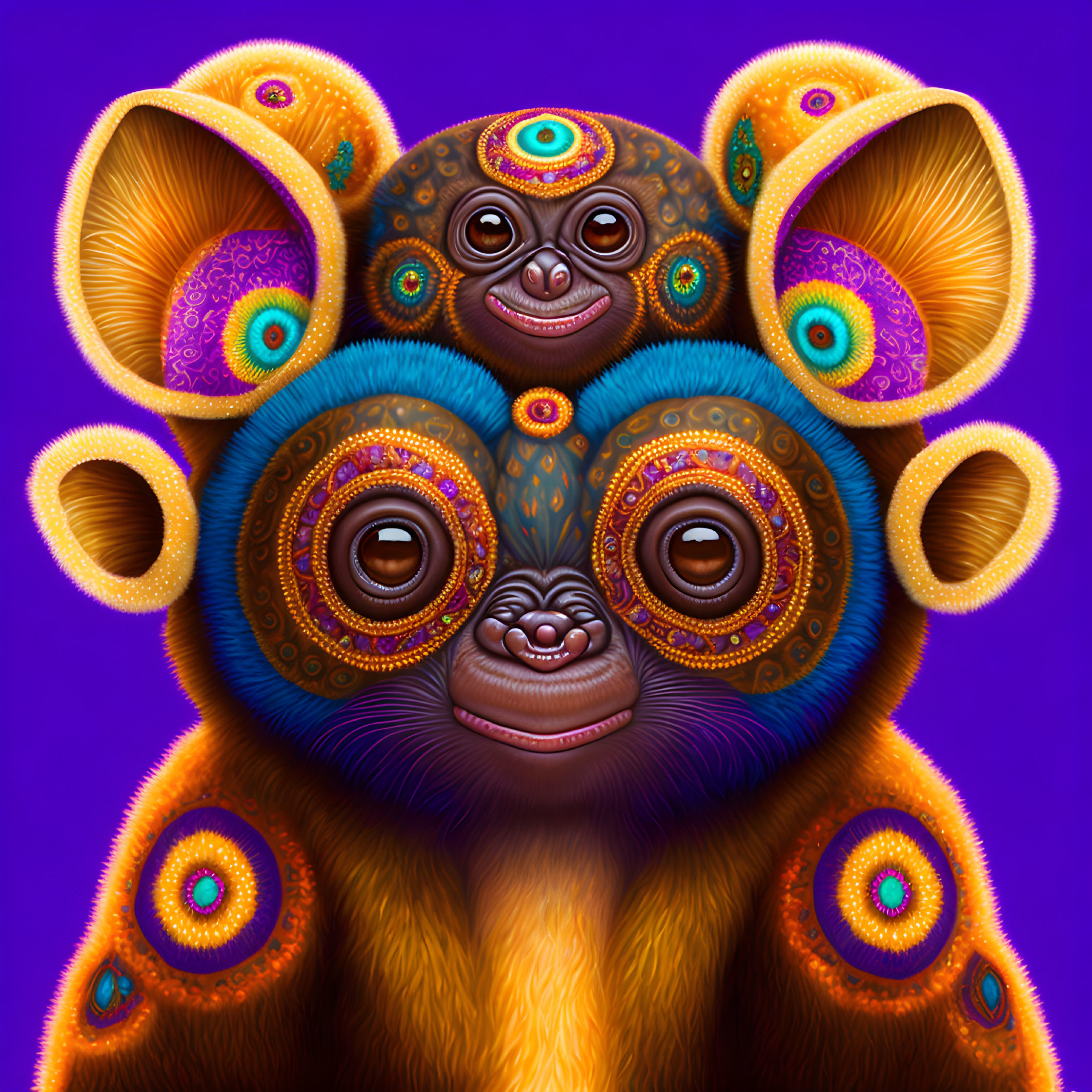 Colorful surreal animal with ornate eyes and ears and whimsical expression