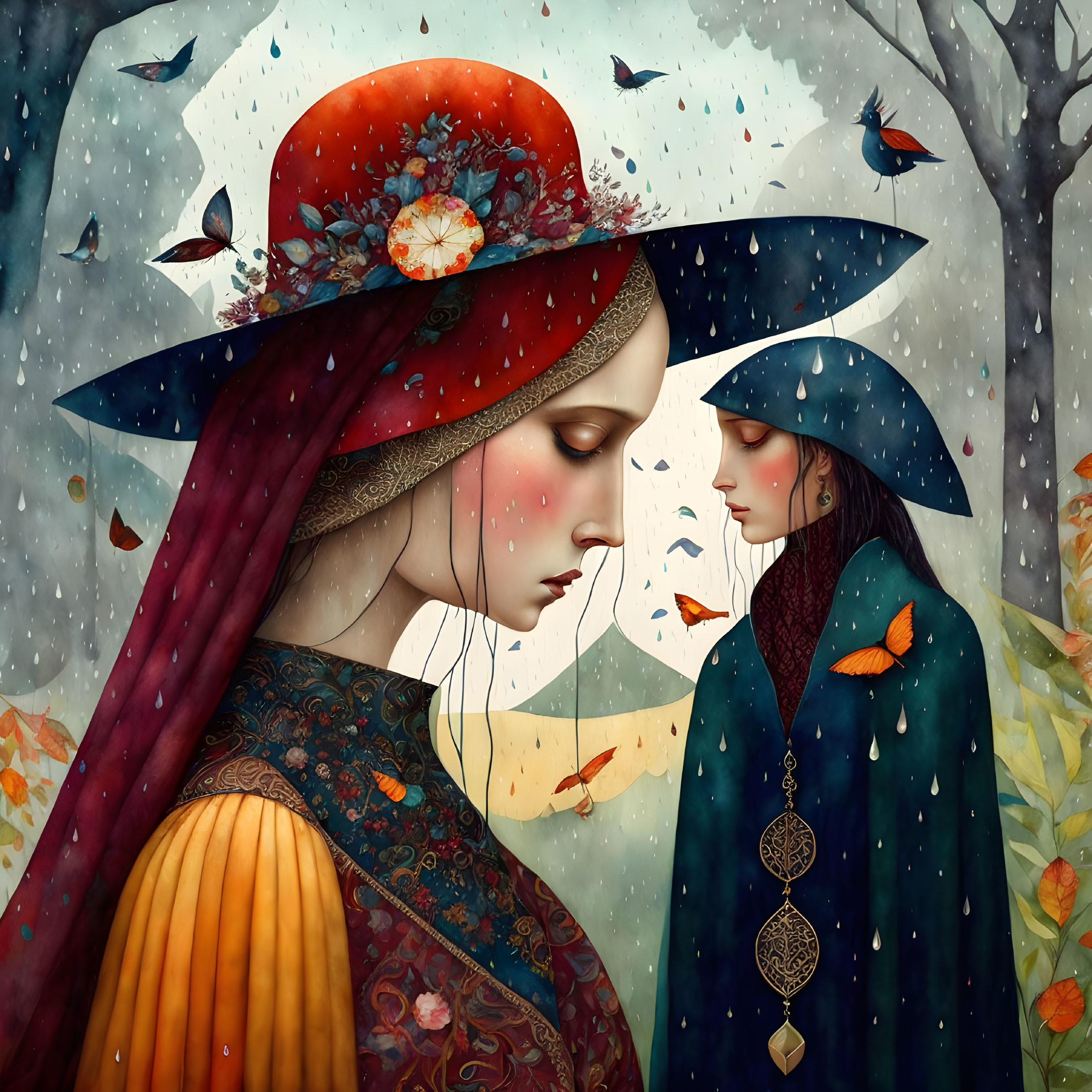 Two solemn figures in red hat amid rain, leaves, butterflies - mystical autumn vibe