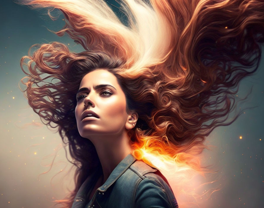 Fiery-haired woman gazes upward against dynamic backdrop