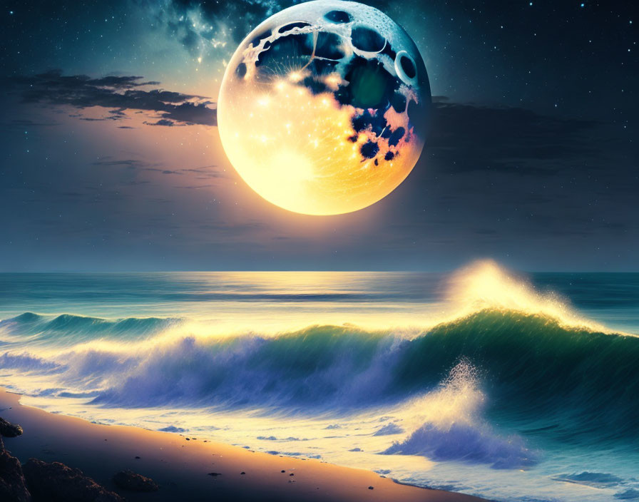 Surreal seascape with crashing waves and oversized moon