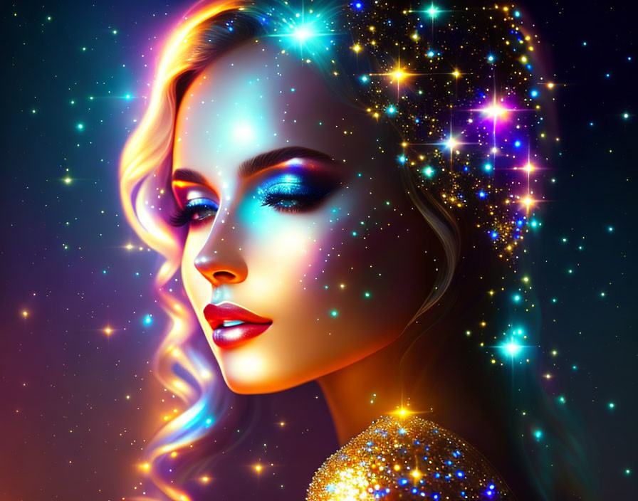 Colorful digital portrait of woman with luminous skin amidst stars and nebulae