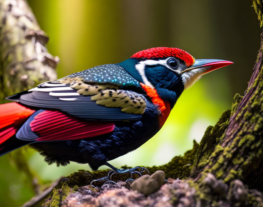 Colorful bird with red beak and blue head perched in lush forest