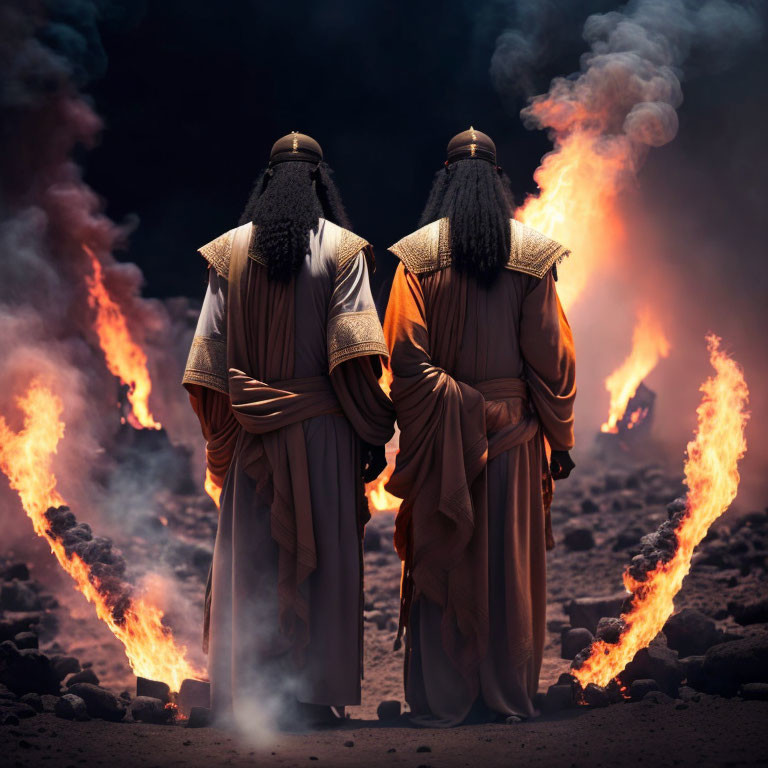 Ancient attire figures in front of fiery columns in dark setting