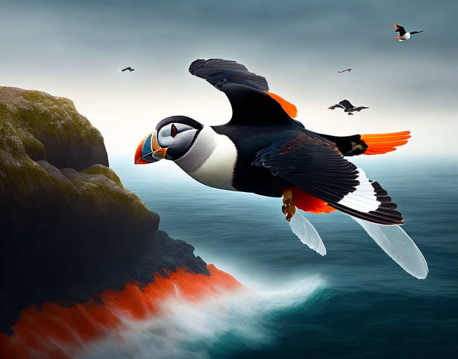 Puffin Flying Over Coastal Cliff with Orange Lichen and Mist