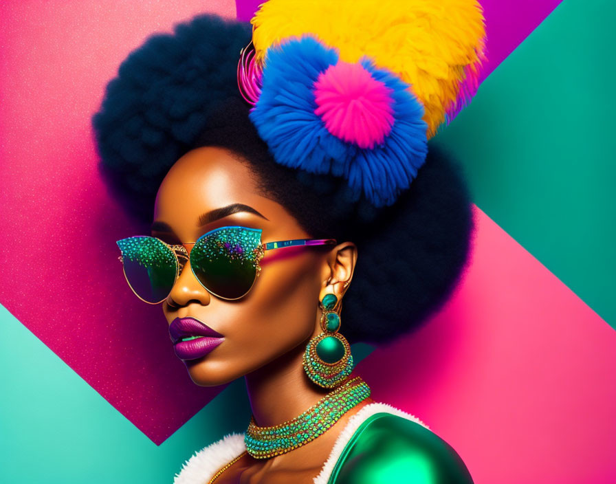 Colorful Pom-Poms Afro Woman with Bejeweled Sunglasses on Vibrant Background