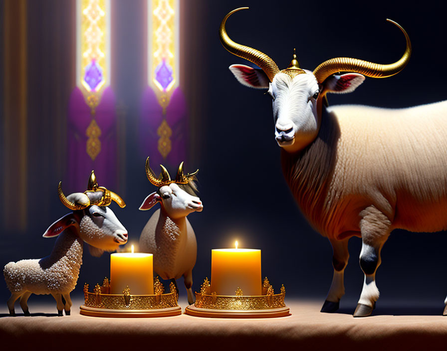 Three goats with golden horns around lit candles on a table with purple curtains