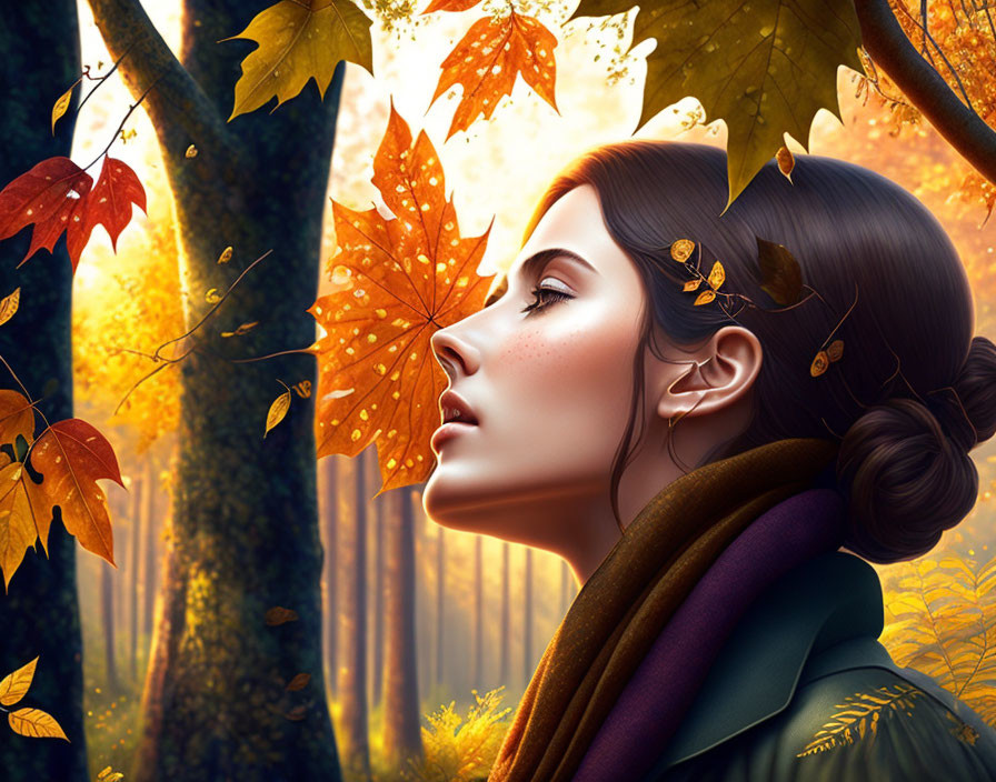 Woman's side profile with autumn leaves and golden light in serene setting