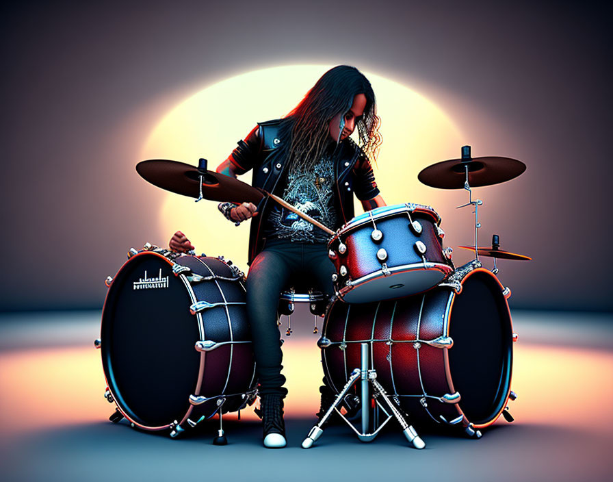 Long-haired person in black leather jacket and jeans playing drum set with focus on snare