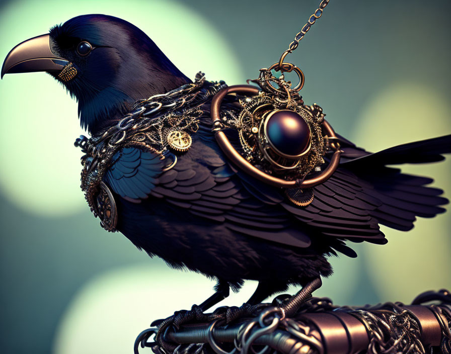 Raven with metal jewelry and black pearl on metallic structure