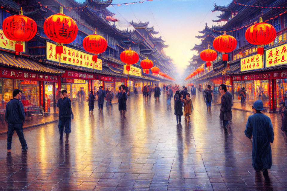 Pedestrians on Asian town street at dusk with red lanterns and traditional architecture.