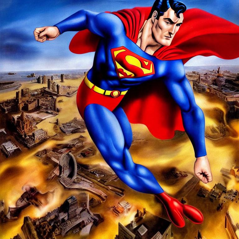 Superman flying over city with red cape and blue costume