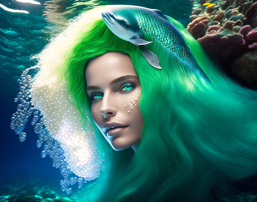 Fantasy portrait of woman with vibrant green hair and fish in underwater coral setting