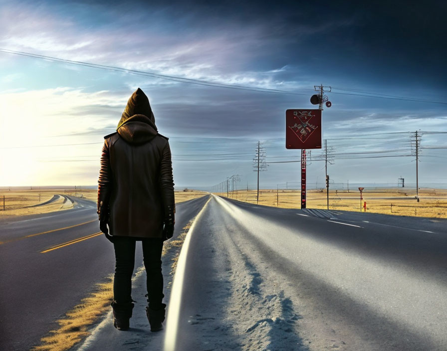 Person Contemplating Directions at Crossroads with Dramatic Sky