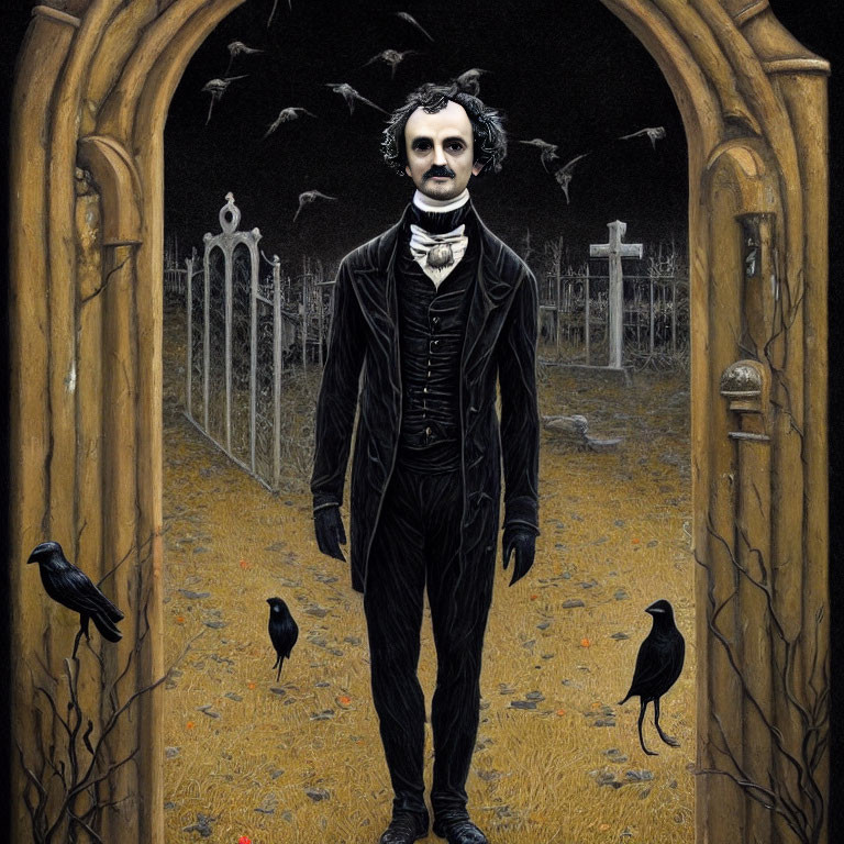 Gothic illustration of Edgar Allan Poe in graveyard with ravens and bats