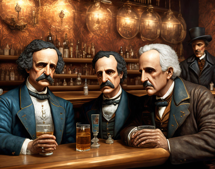 Three 19th-Century Gentlemen at Bar in Warm Ambiance